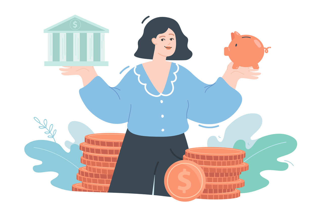 Woman holding bank and piggybank