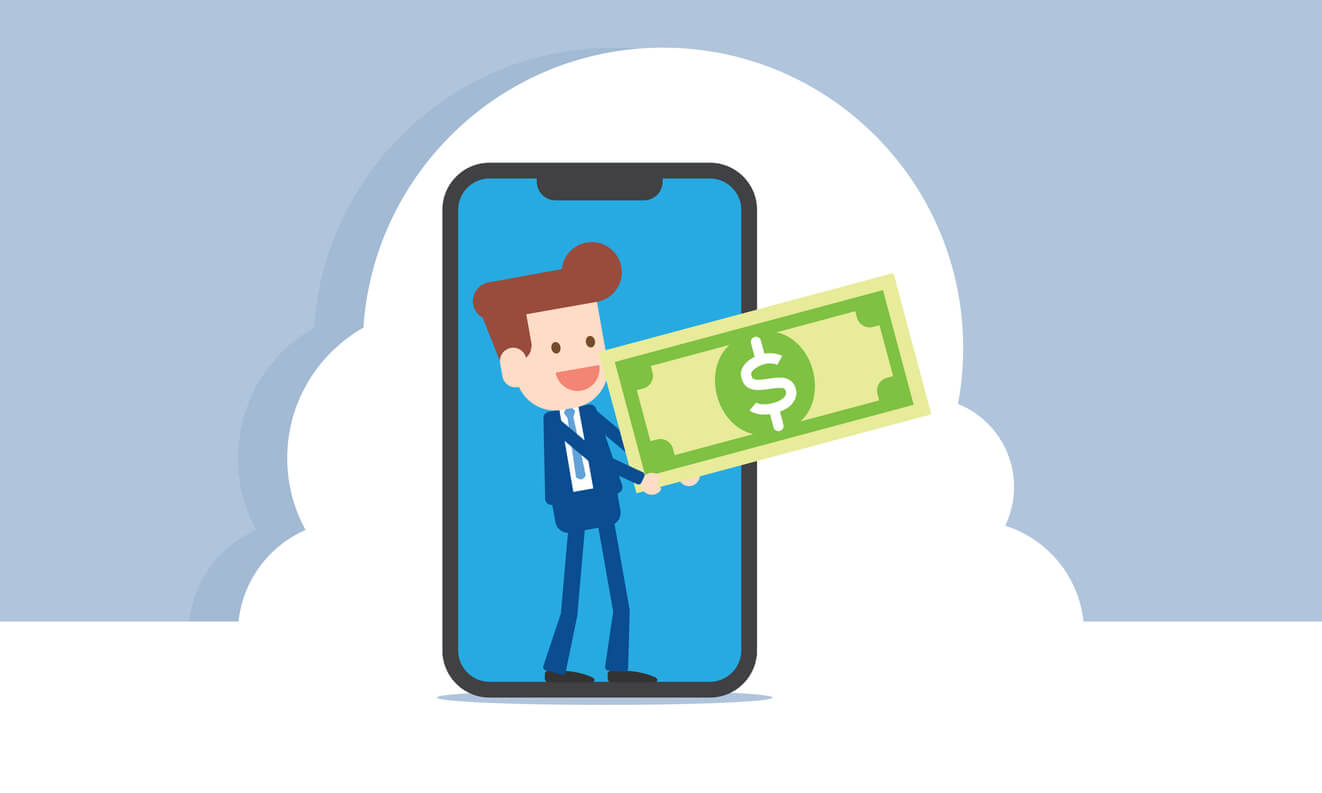 A man on a phone screen holding money