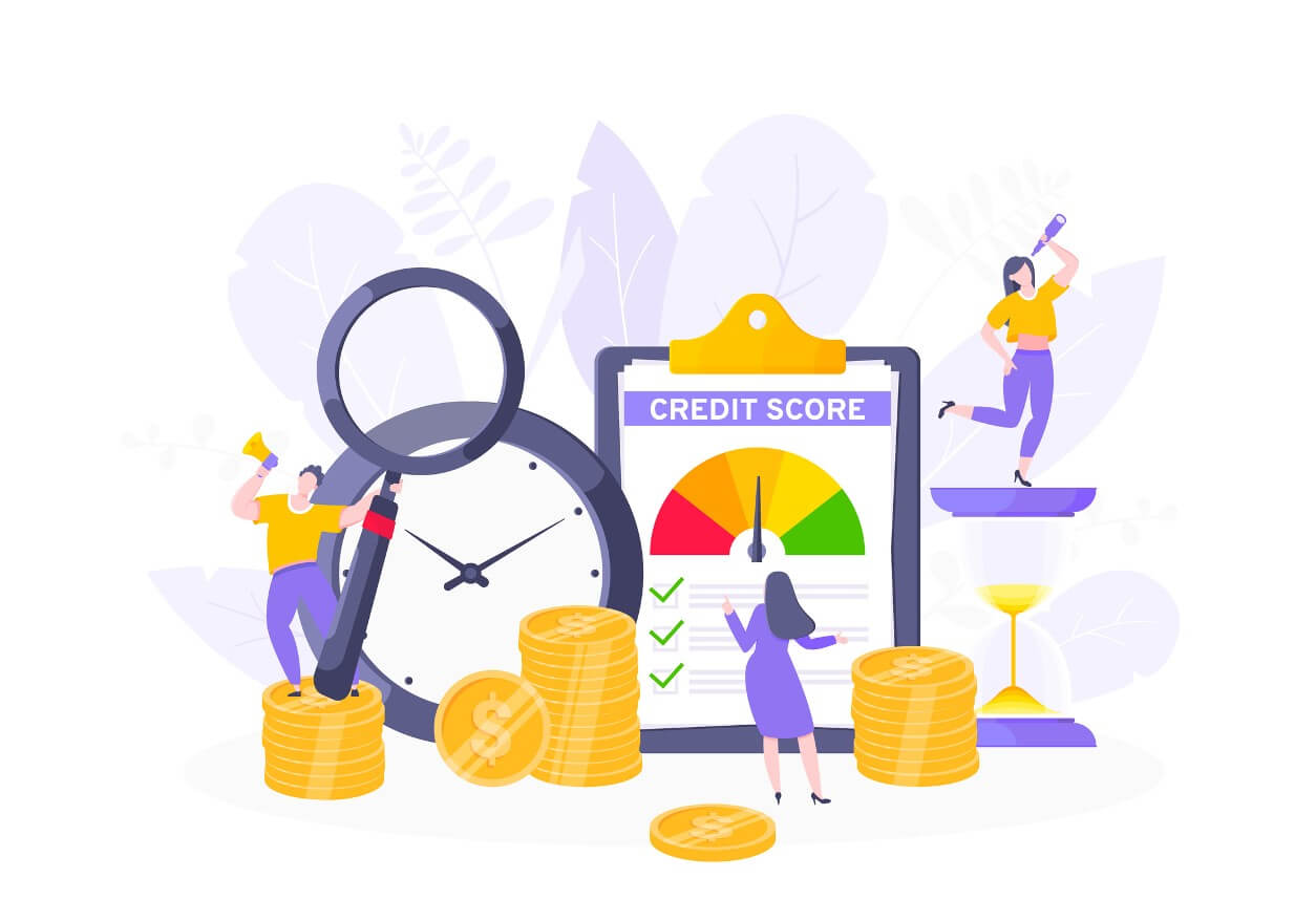 illustration of people surrounded by coins with credit score