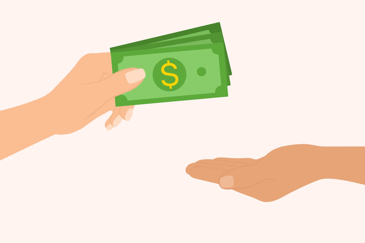 illustration of two hands exchanging money with pink background