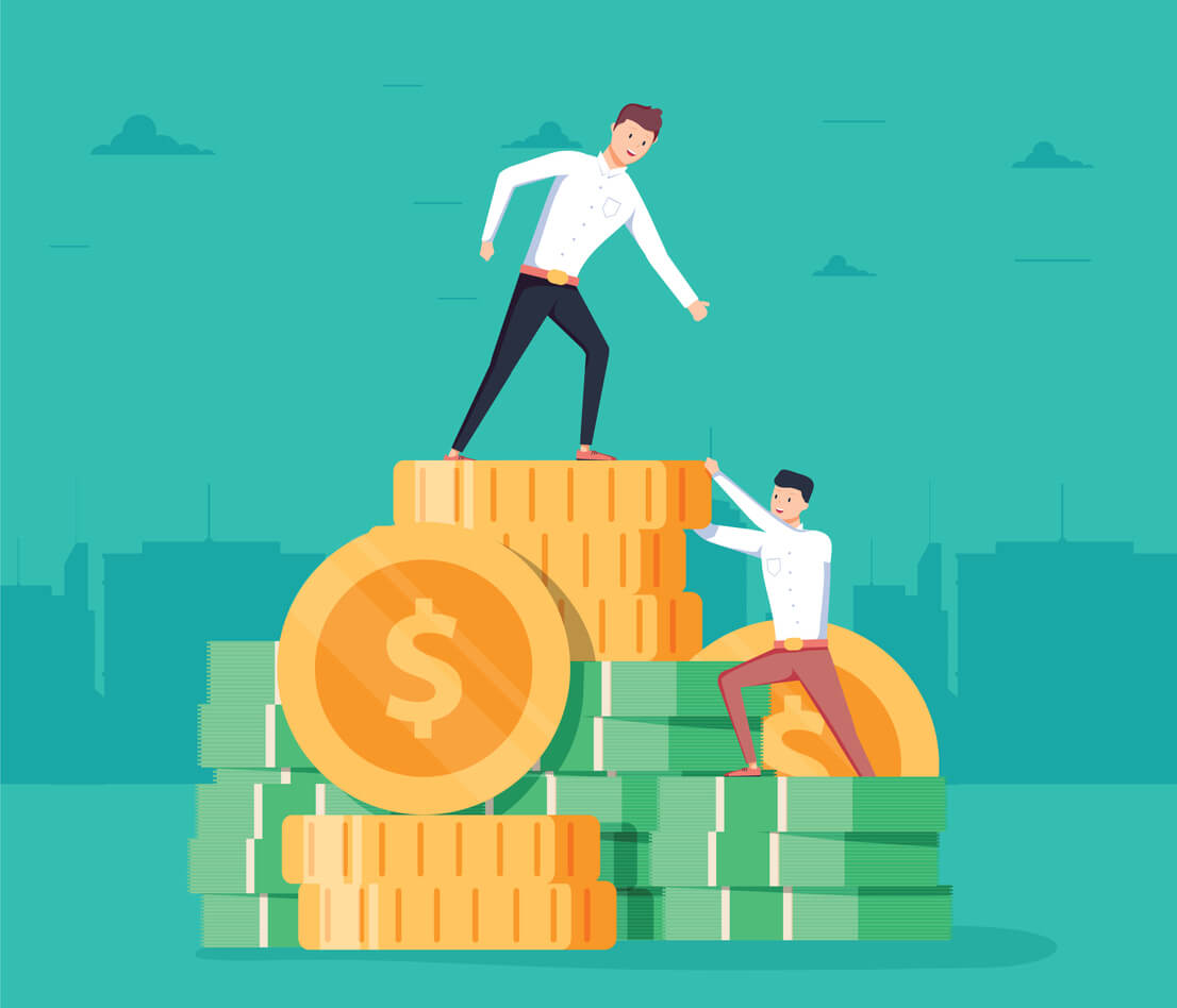 man and woman climbing up a pile of money