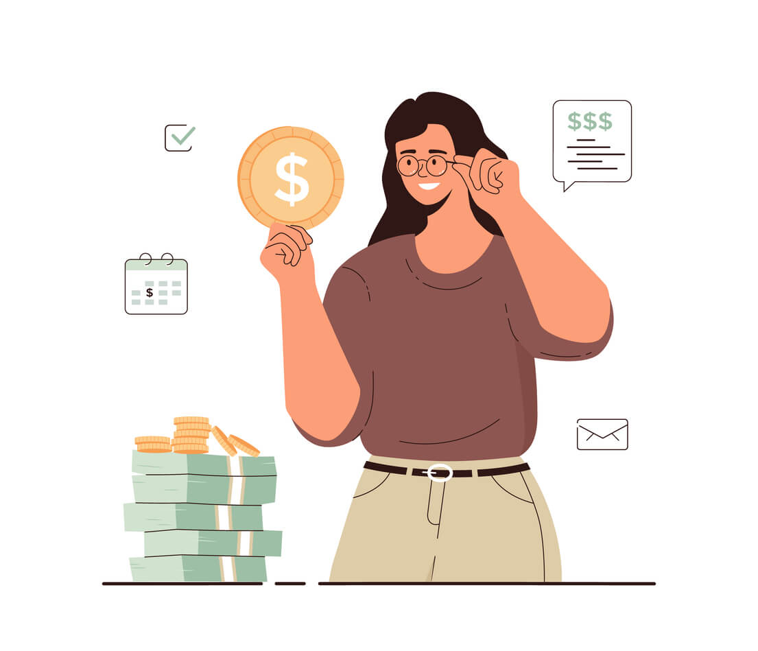 woman inspecting a pile of money