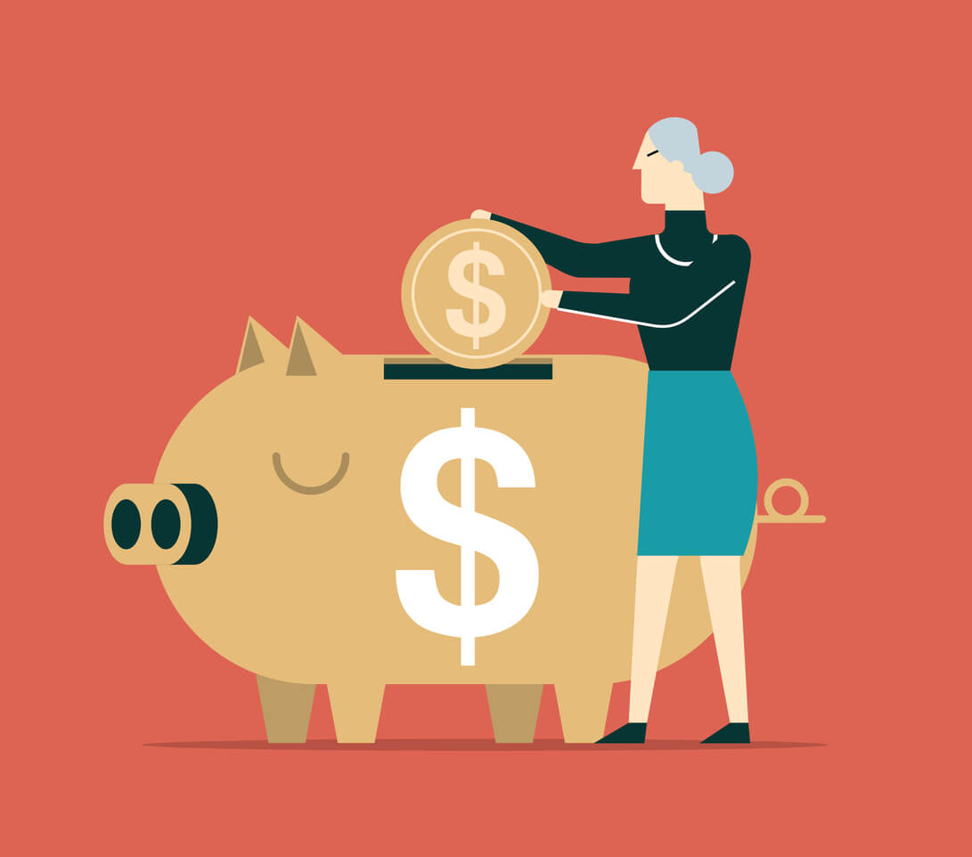 woman saving money in a large piggy bank