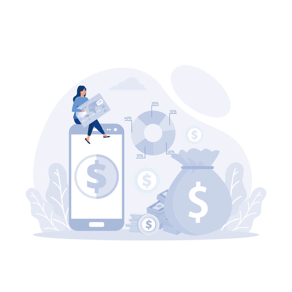 Woman sitting on a phone with money