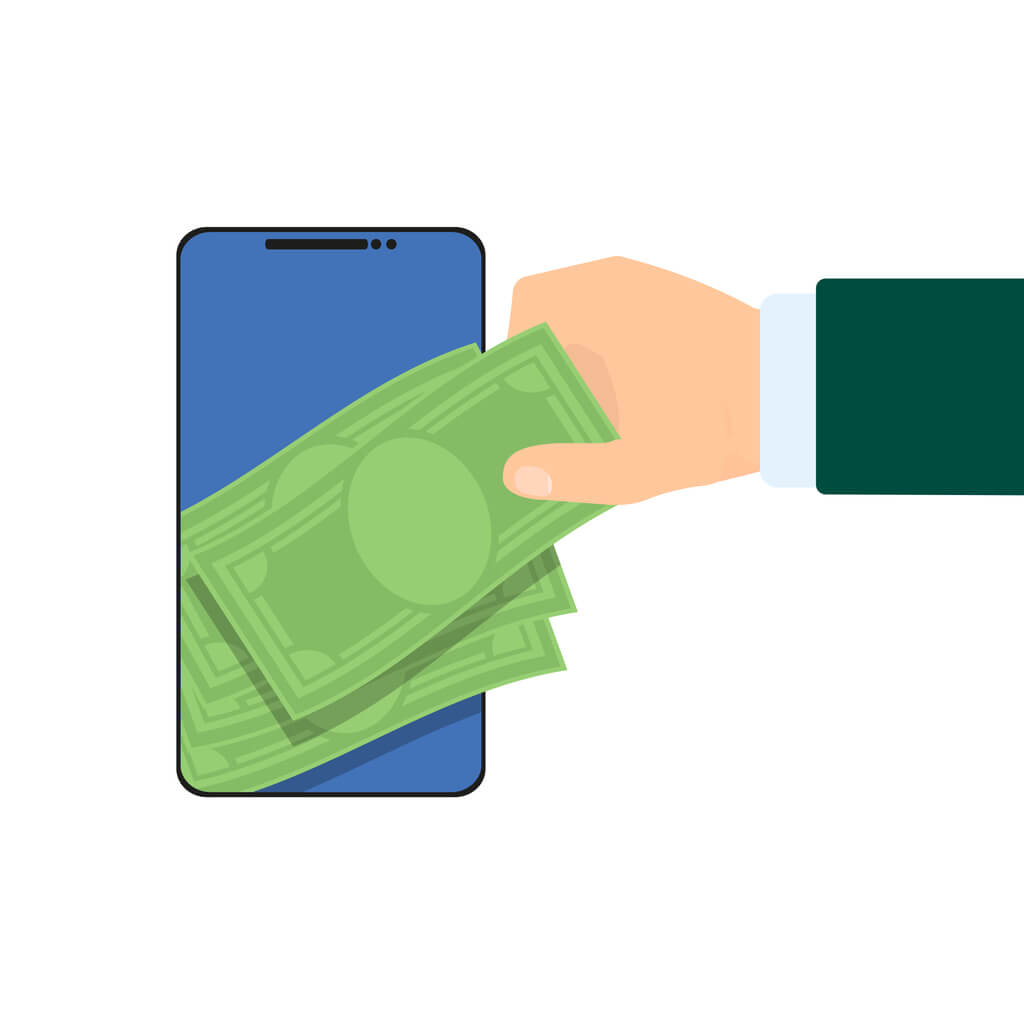 hand grabbing money bills from phone