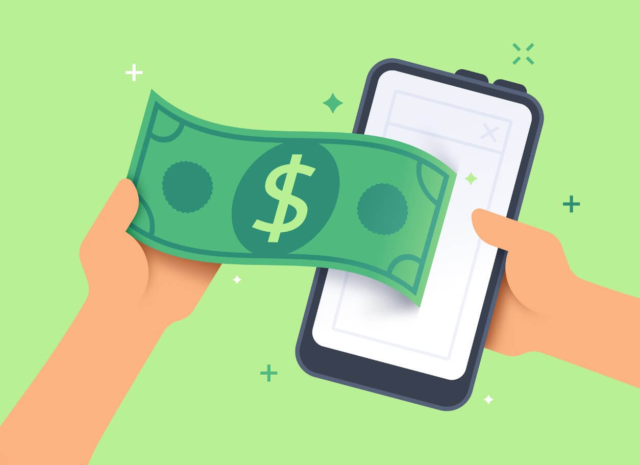 illustration of hand holding cash in front of phone