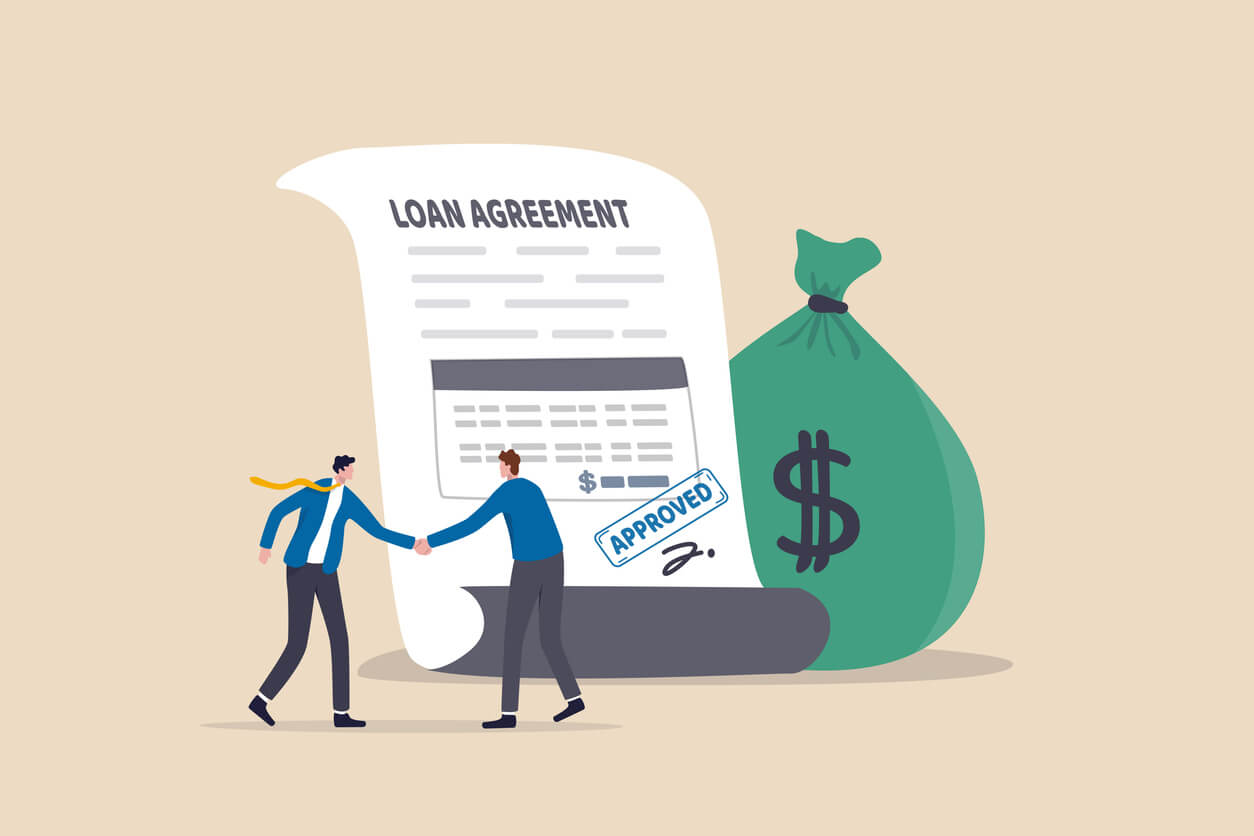 iillustration of loan agreement with two men shaking hands