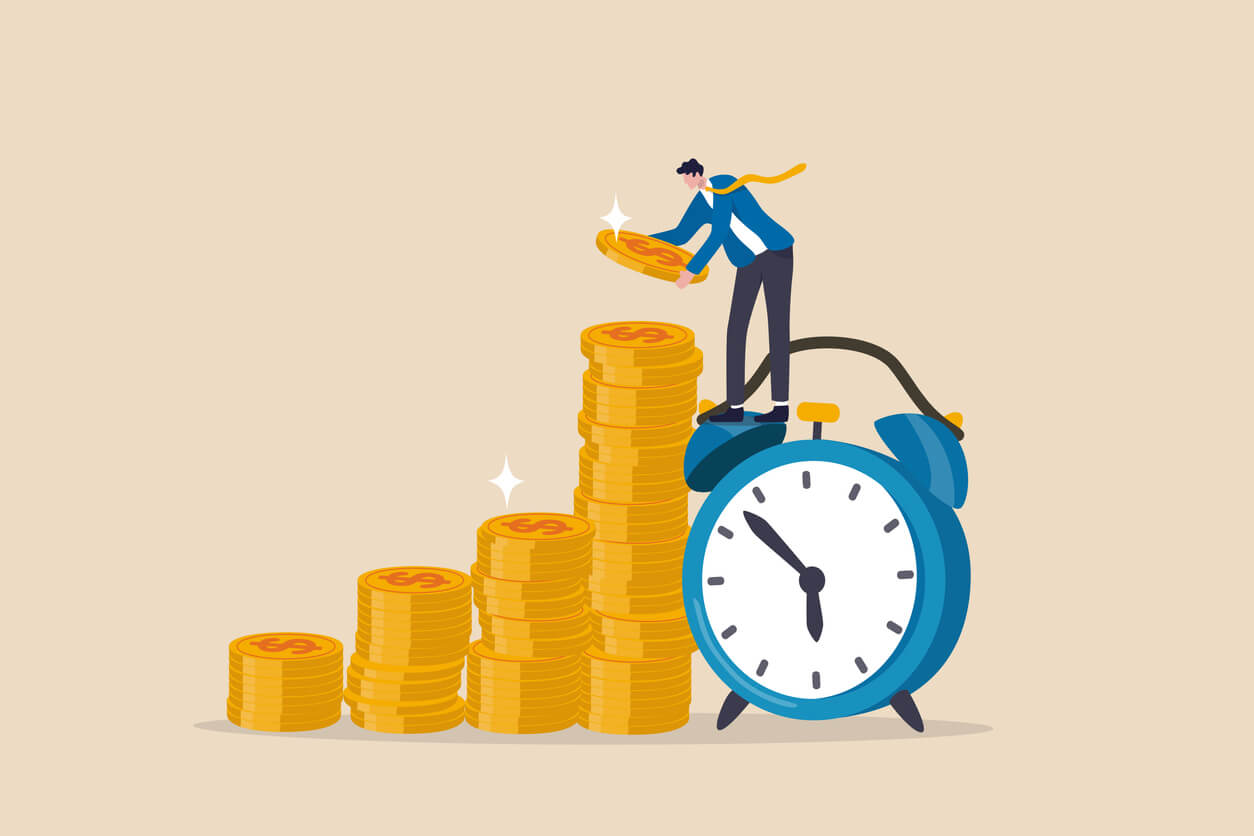 illustration of man stacking coins standing on a clock