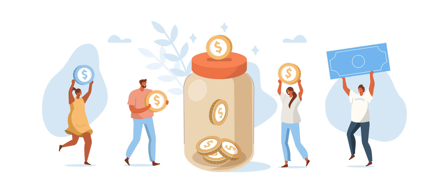 illustration of people putting coins in a jar