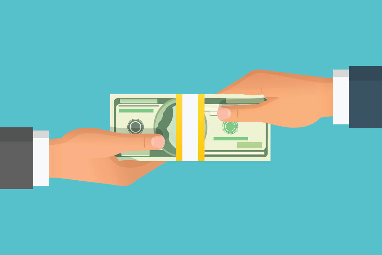 illustration of two hands holding cash with blue background