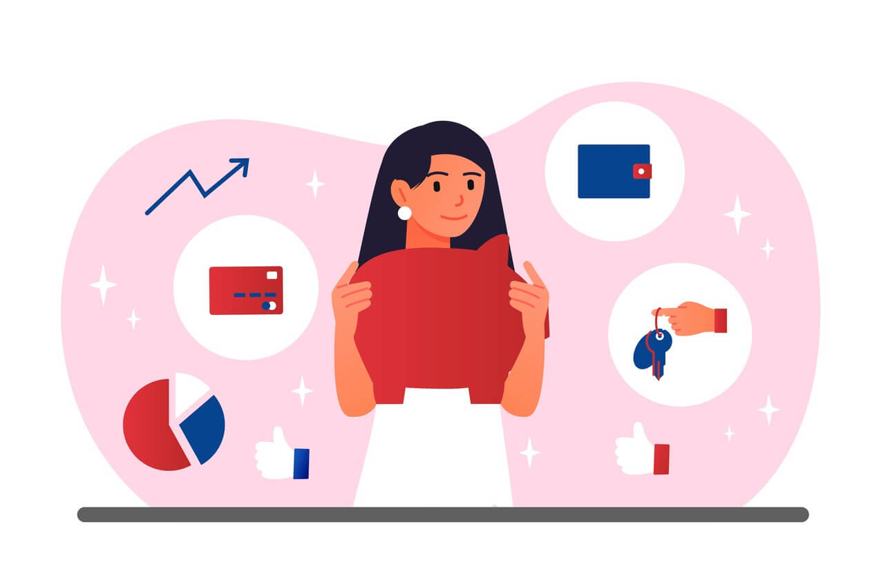 illustration of woman holding piggy bank with finance icons around her