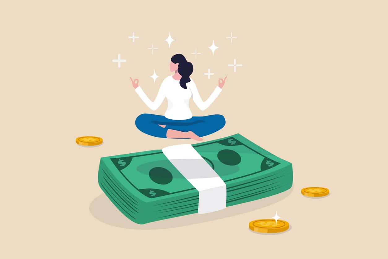 illustration of woman in zen yoga pose over cash