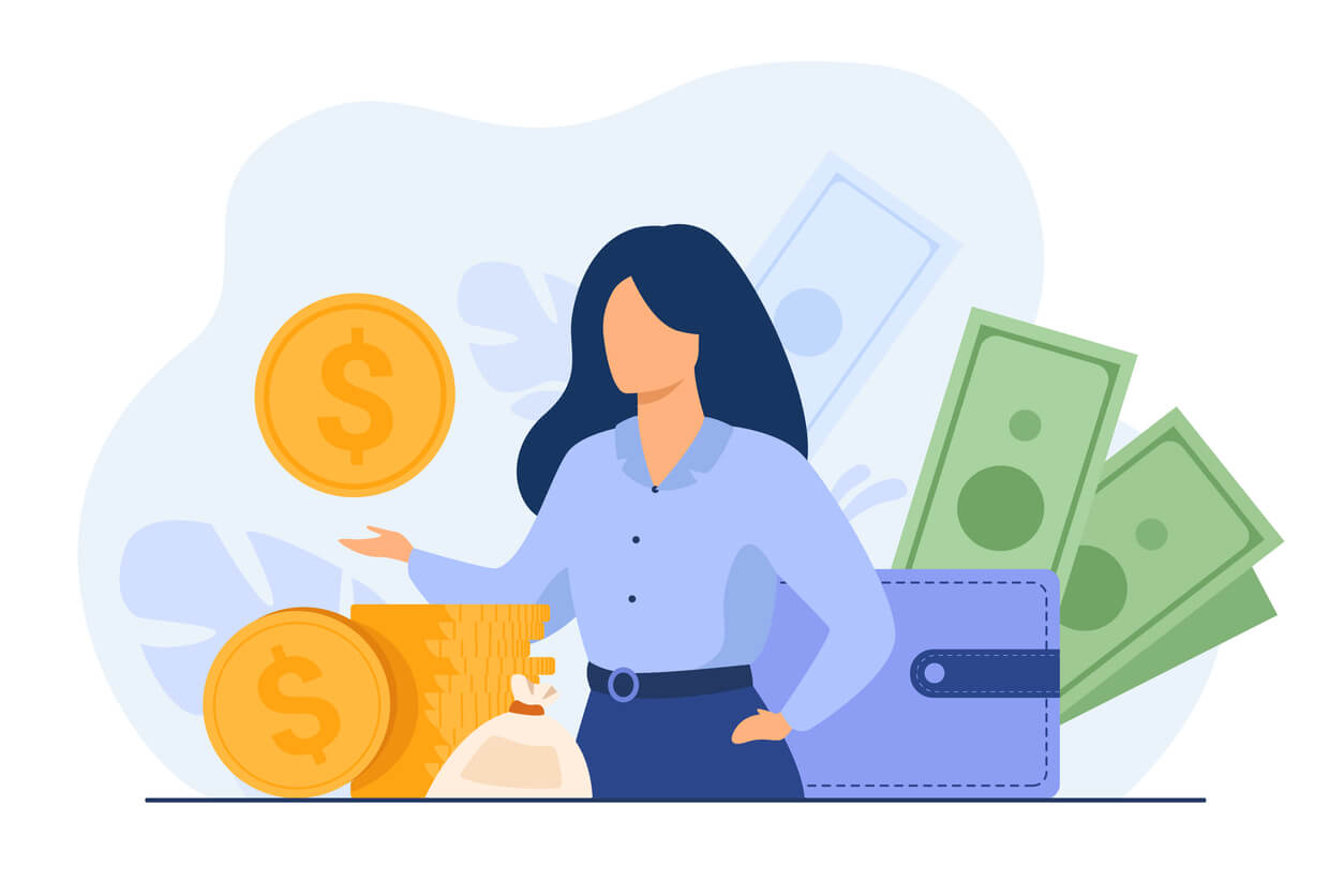 illustration of woman surrounded by cash and wallet