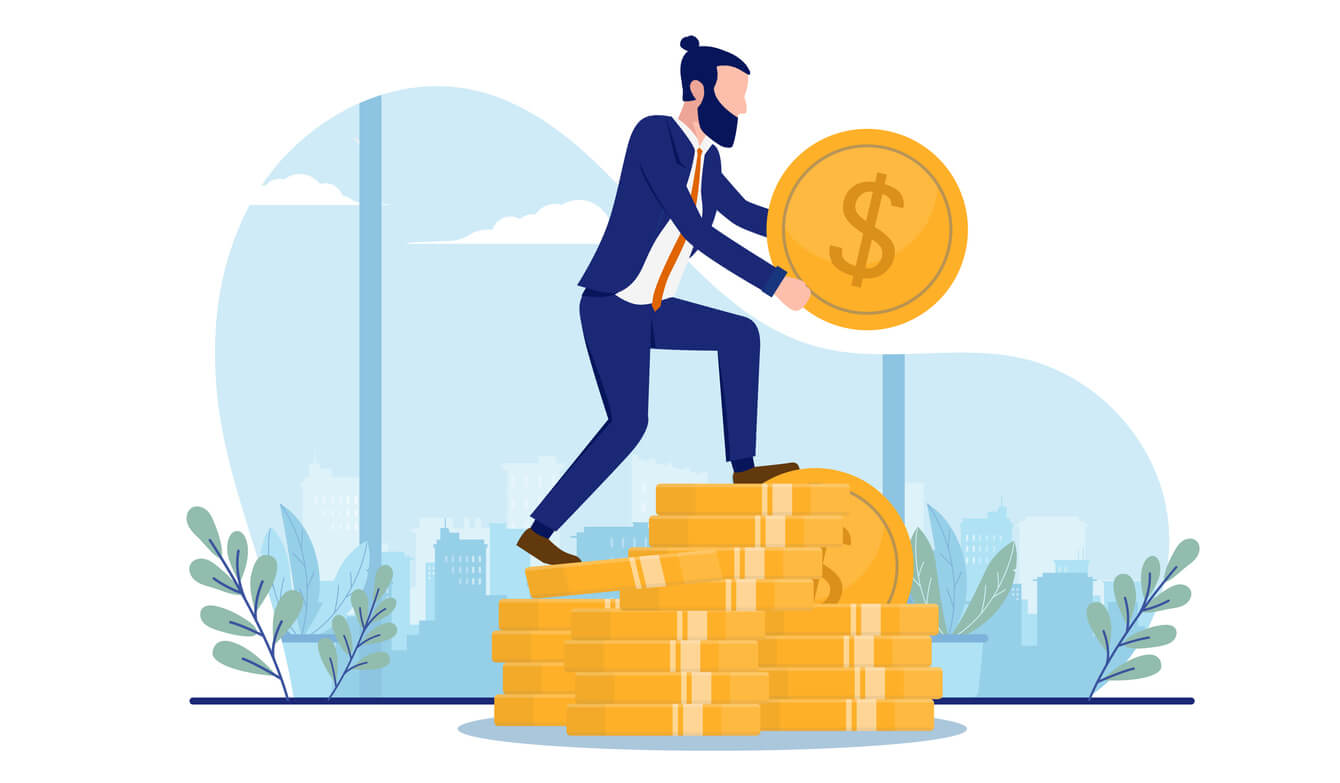 man climbing stack of coins with city skyline in background